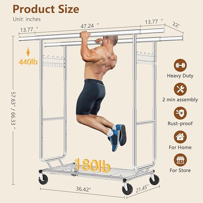 Hoctieon 2-Minute Assembly Double Rod Clothes Rack, Heavy Duty Rolling Clothing - Image 9