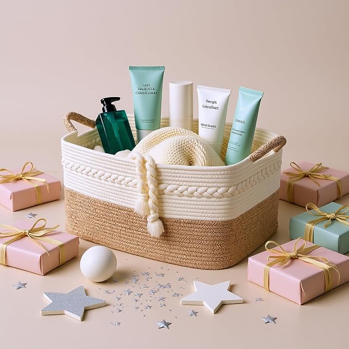 Decorative laundry basket with handles woven from natural cotton rope storage - Image 7
