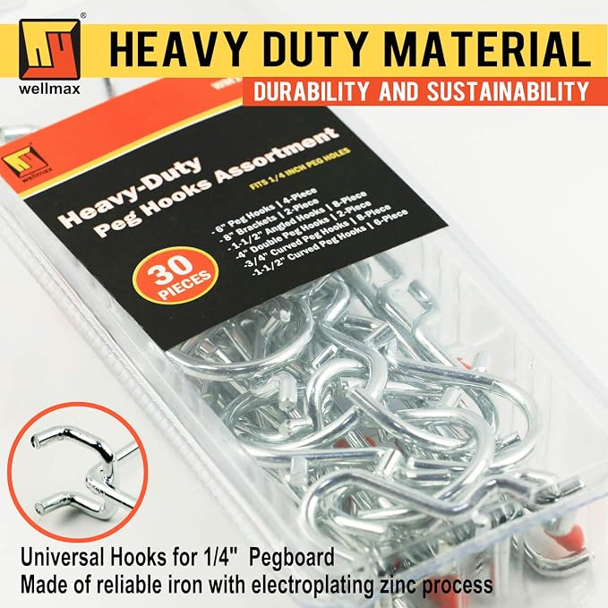 Wellmax Heavy Duty Pegboard Hooks Set – 30-Piece Peg Board Organizer Accessories - Image 2