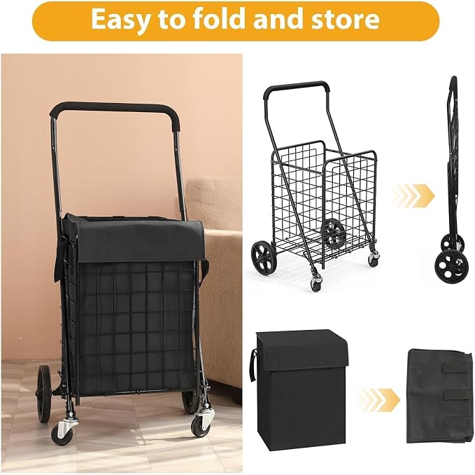 Foldable Shopping Cart with Waterproof Basket Liner & 360° Swivel Wheels | - Image 6