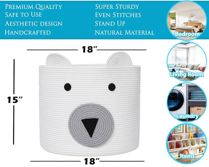 Bear Basket, Large Cotton Rope, Large Storage, Woven Laundry Hamper, Cloth - Image 2