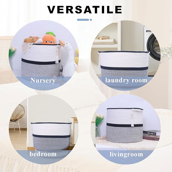 Large Woven Rope Laundry Hamper, Cotton Rope Storage Basket - Image 3