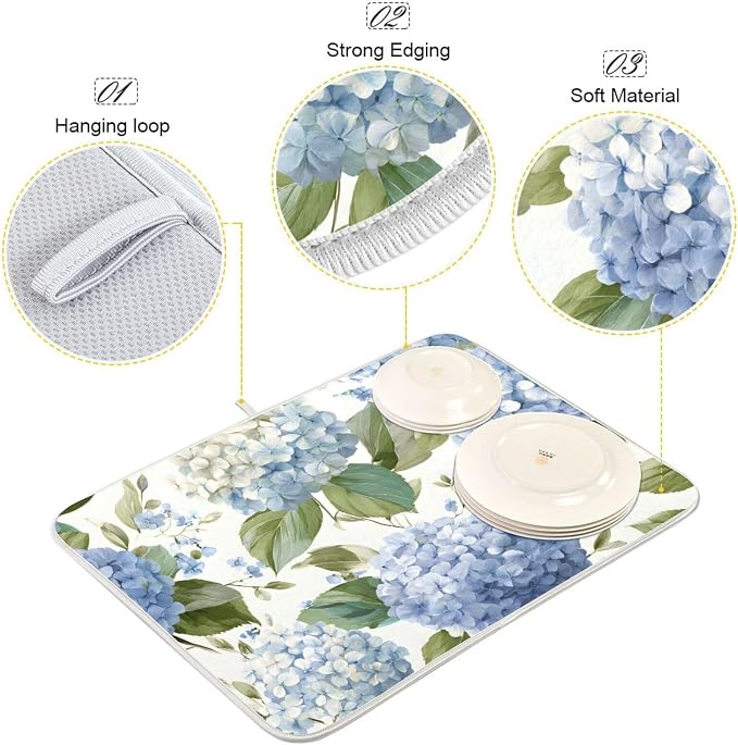 Watercolor Hydrangeas Dish Drying Mat Super Absorbent Drying Mat 18x24 inch - Image 4