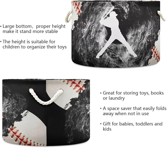 Baseball Print Round Storage Basket Sport Ball Large Laundry Hamper Baseball - Image 5