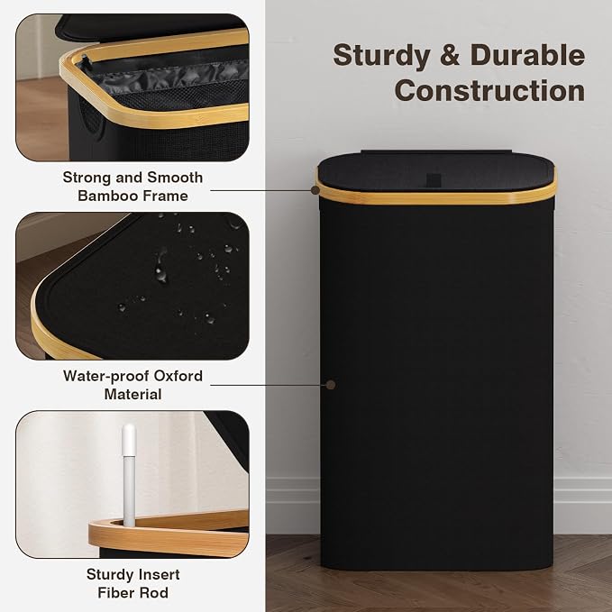 100L Laundry Hamper with Lid, Large Laundry Basket with Bamboo Handles - Image 7