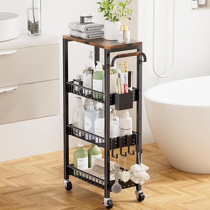 Slim Bathroom Storage Cart, 4 Tier Small Rolling Organizer Cabinet by DTUQYX