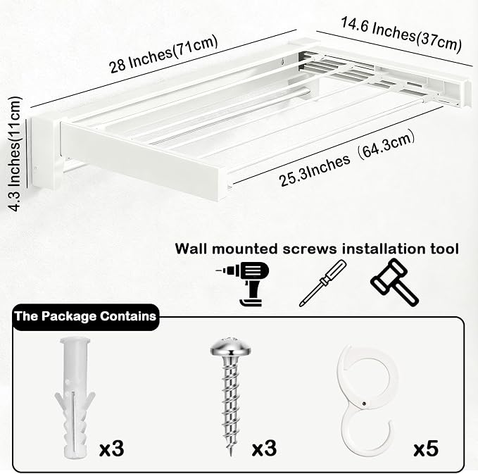 Wall Mounted Clothes Drying Rack 27 inches, Foldbale Laundry Drying Rack 6 Rods - Image 2