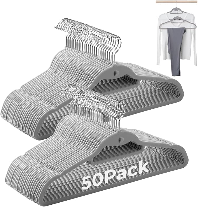 Grey Velvet Hangers 50 Pack, Felt Covered Non Slip Fabric by Limogoo
