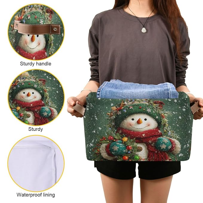 Snowman Green Christmas Pattern Rectangular Storage Bin Basket - Image 7