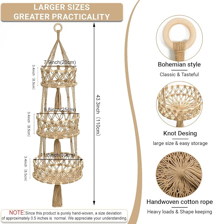 3 Tier Hanging Fruit Baskets for Kitchen, Macrame Plant Hanger Cotton Rope - Image 2
