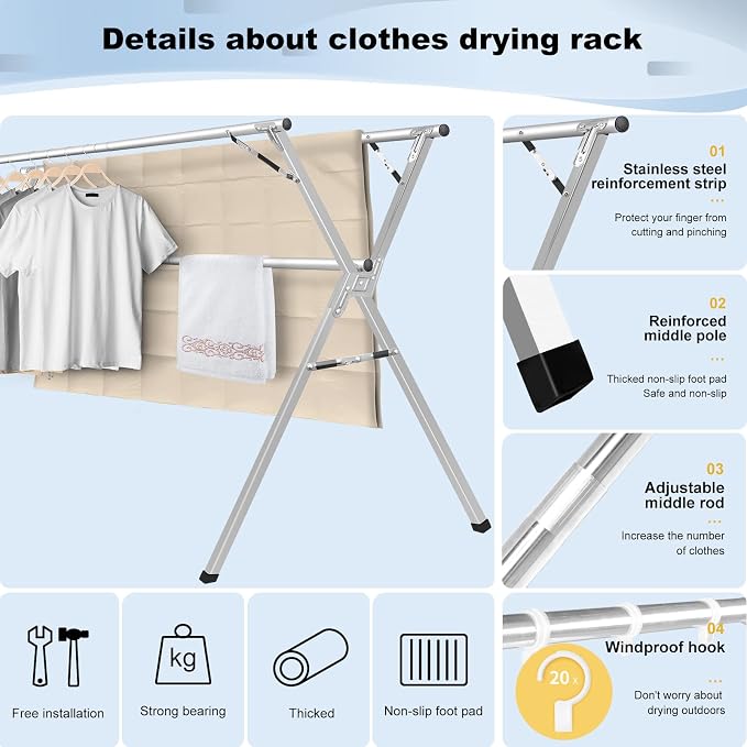 Sarahipe Sillars Clothes Drying Rack, 94.5 inches Laundry Drying Rack Clothing - Image 3