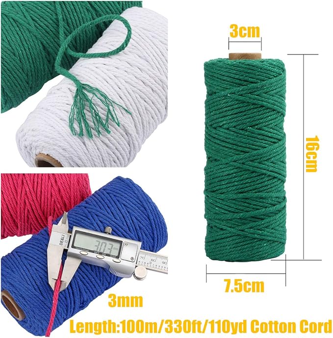 109 Yards 3mm Macrame Cotton Cord 4 Strand Twisted Twine Strings Rope - Image 2