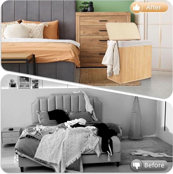 72L Slim Laundry Hamper with Lid, Foldable Bamboo Clothes Laundry Basket with - Image 4