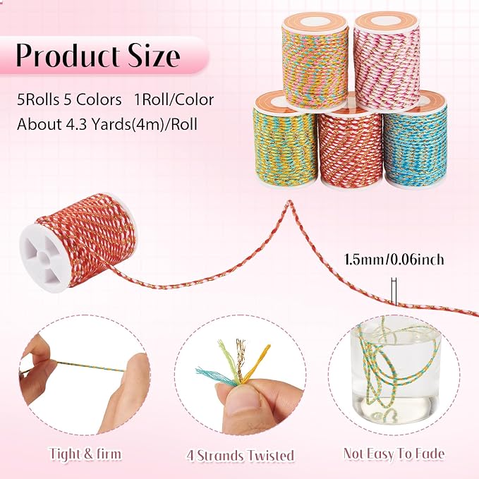 21.5 Yards 1.5mm Macrame Cotton Cord 4-Ply Gold Wire Braiding Beading Thread - Image 2