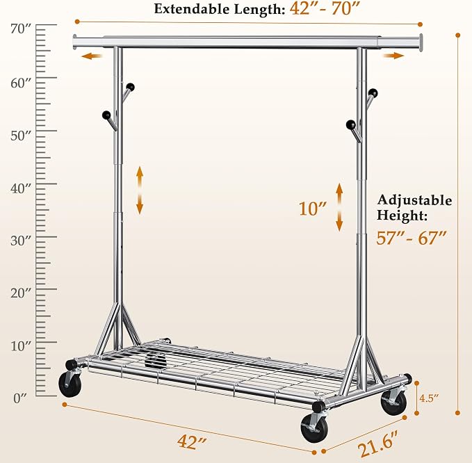 Heavy Duty Clothes Rack Load 630 lbs, Metal Rolling Clothing Rack - Image 3