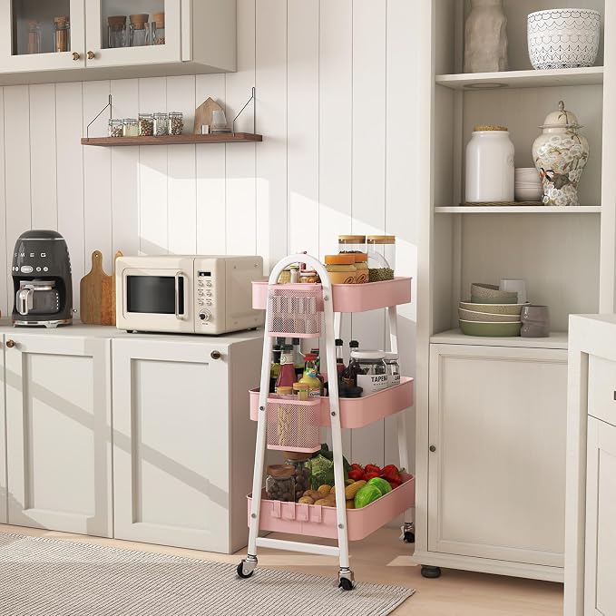 Sekey 3 Tier Rolling Cart, Hanging Cups, Heavy Duty Mesh Rolling Storage Cart - Image 9