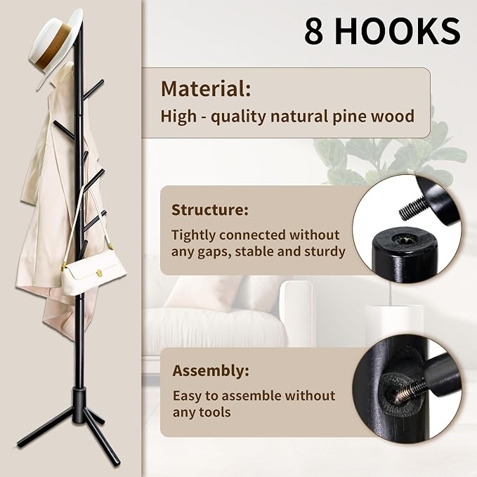 VaeFae Bamboo Coat Rack Stand, Free Standing Hall Tree - Image 4