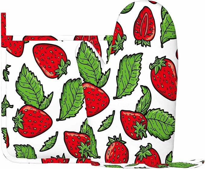 Mxocom Strawberry Pattern Silicone Oven Mitts and Pot Holders Sets Red - Image 2
