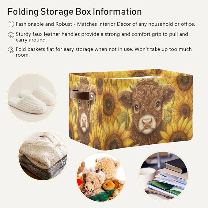 Cow Sunflowers Golden Rectangular Storage Bin Basket - Image 5