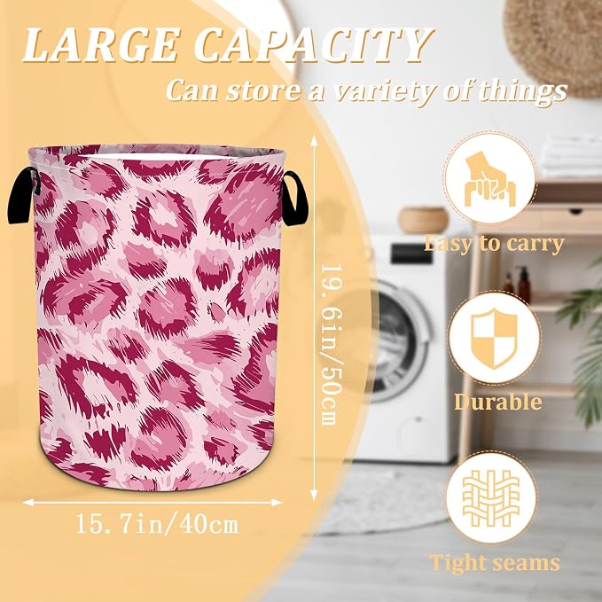 Pink Leopard Print Laundry Basket, Animal Skin Laundry Hamper Foldable - Image 2