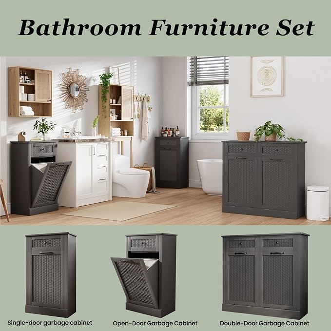 Tilt Out Laundry Hamper Cabinet, Rattan-Style Laundry Room Organization - Image 9