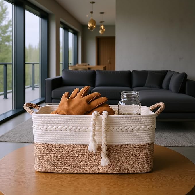 Decorative laundry basket with handles woven from natural cotton rope storage - Image 6