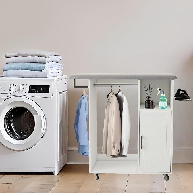 Rolling Ironing Board with Storage Cabinet, Ironing Cabinet with Wheel - Image 2
