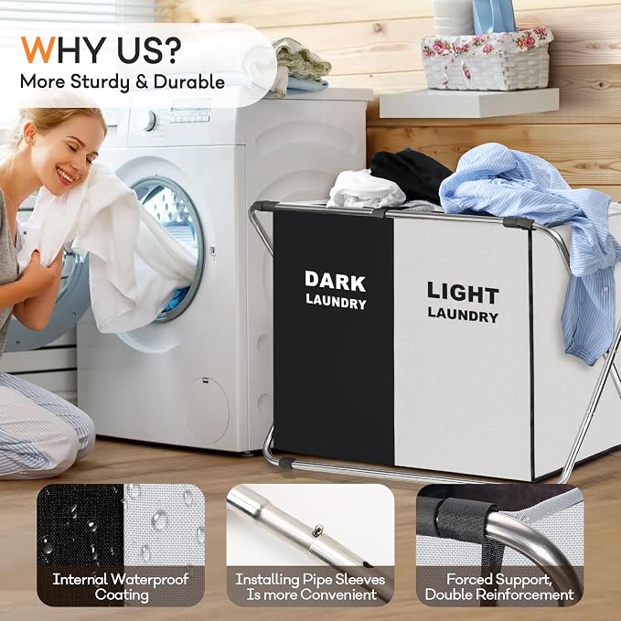 Laundry Cloth Hamper Sorter Basket Bin Foldable 2 Sections - Image 4