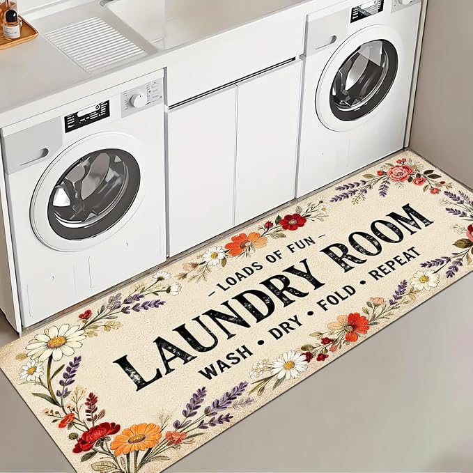 Laundry Room Rug Runner 20"X59" Boho Flower Non Slip Laundry Rugs and Mats by LHAIFA