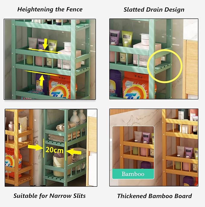 Slim Bamboo Storage Cart Removable Organizer Trolley Slide Out Rolling Pantry - Image 5