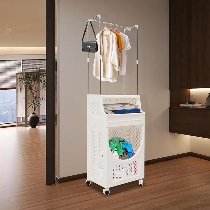 Laundry Basket with Wheels, Laundry Hamper Cart with Hanging Clothes Rack - Image 3