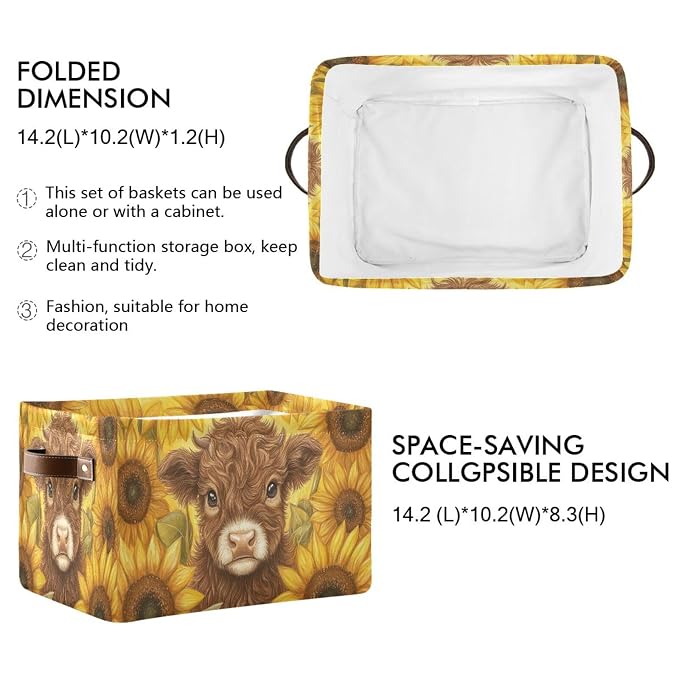 Cow Sunflowers Golden Rectangular Storage Bin Basket - Image 2