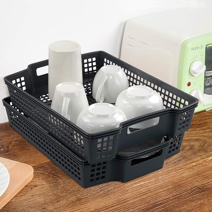 Gray Plastic Stackable Paper Storage Basket Tray, 6 Packs - Image 5