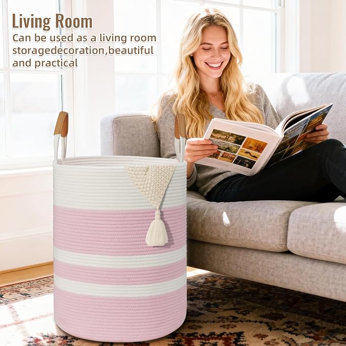 60L Striped Laundry Basket, Woven Cotton Rope Storage Bin - Image 3