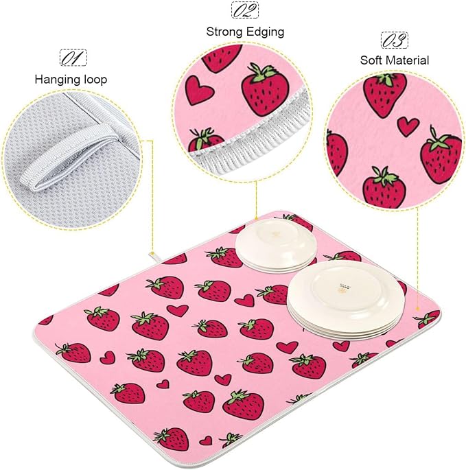 Sweet Cute Strawberry Hearts Floral 16 x 18 Inches Absorbent Dish Drying Mat - Image 3