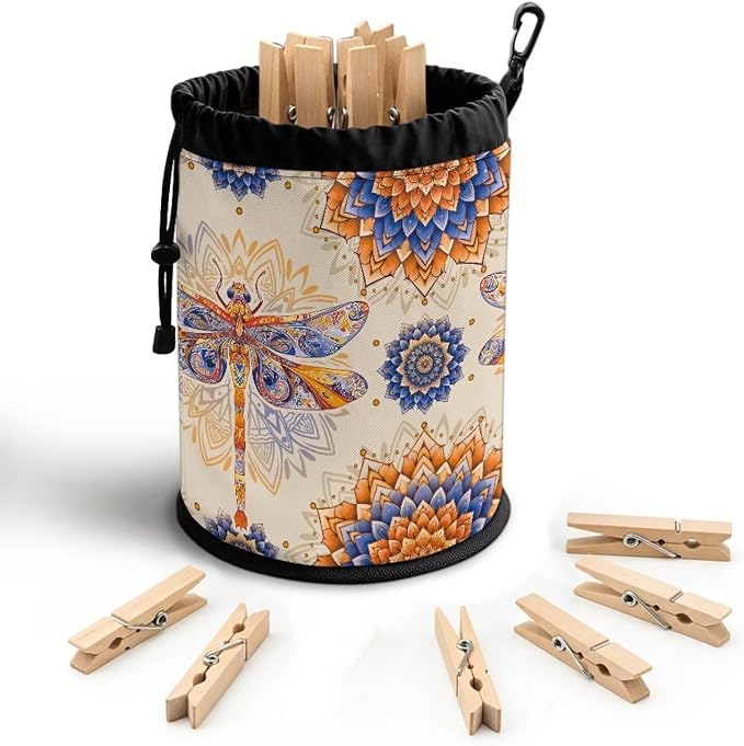 Clothespin Storage Bag with Hooks & Drawstring Closure Bohemian Mandala by Unknown