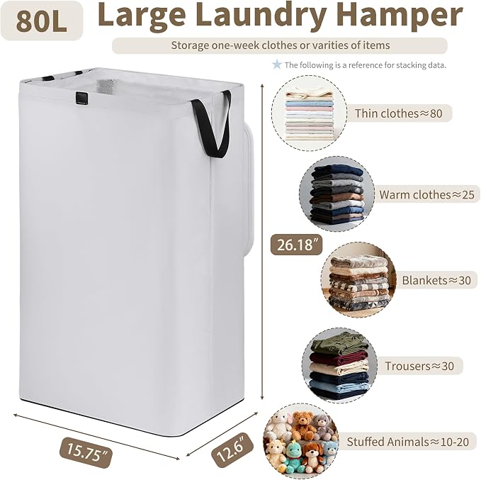80L Large Laundry Hamper with Lid, Foldable Laundry Bag - Image 4