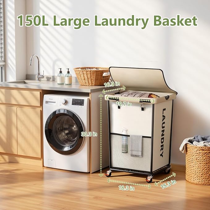 150L Laundry Basket with Wheels, Rolling Laundry Hamper with Cloth Cover - Image 2