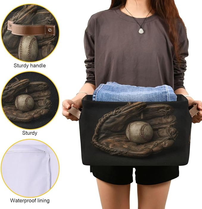 Baseball Glove Dark Pattern Rectangular Storage Bin Basket - Image 7