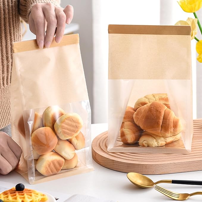 Ocmoiy 100Pcs Bakery Bags with Window, Resealable Tin Tie Tab Lock Bread - Image 6