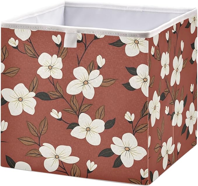 senya Large Storage Bins White Flowers on Red Background Collapsible Foldable by senya