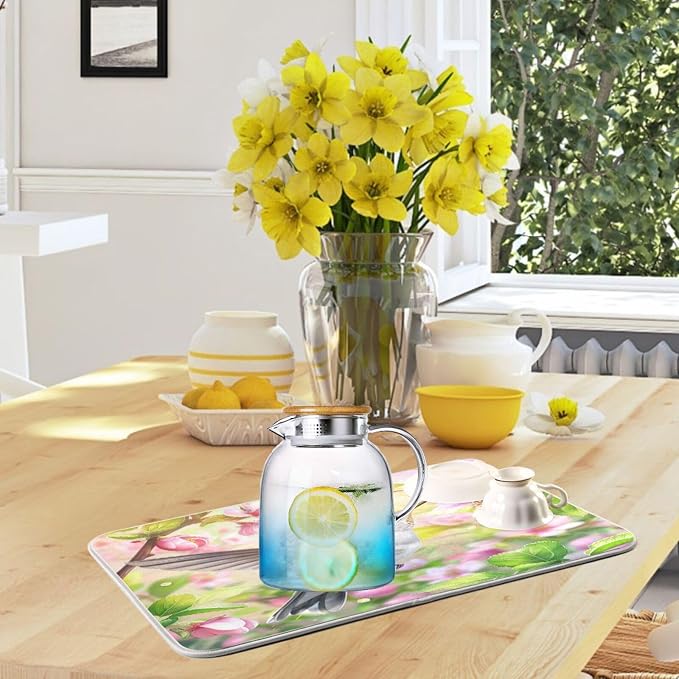 Attractive Kitchen Countertop Dish Drying Mat, Beautiful Pink Flowers - Image 5