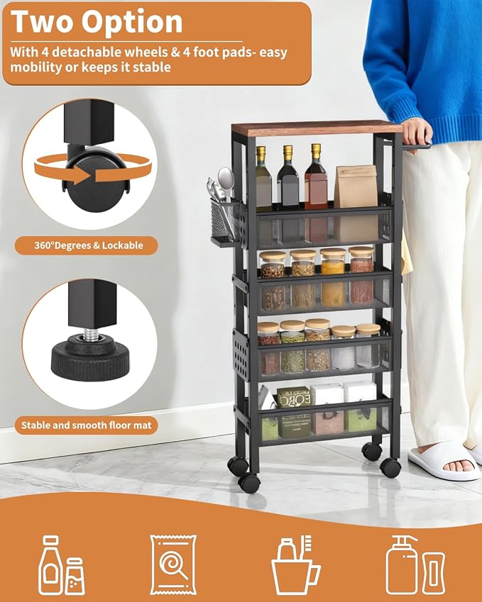 TORIBIO Slim Storage Cart, 5 Tier Narrow Kitchen Rolling Cart - Image 4