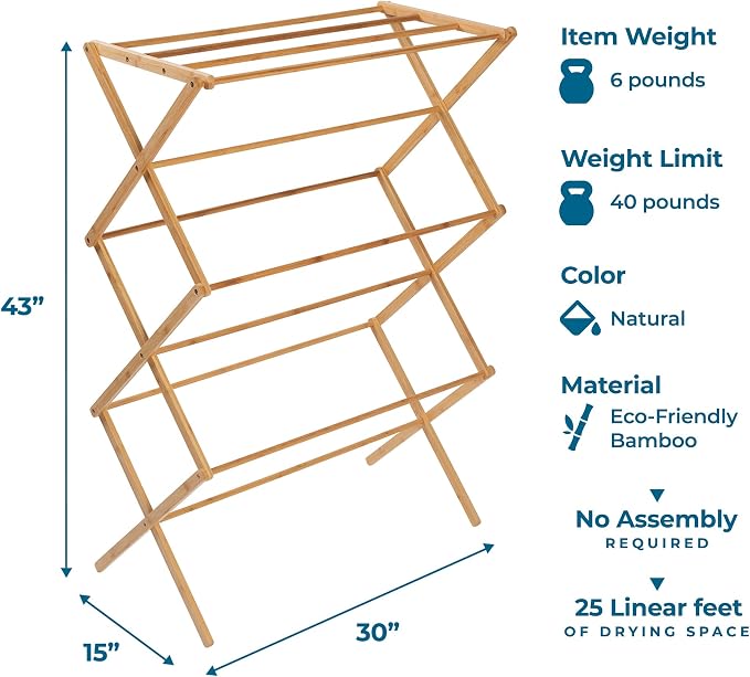 Honey-Can-Do Collapsible Bamboo Drying Rack – Sturdy & Foldable Laundry Drying - Image 6