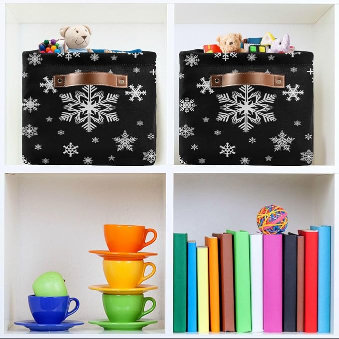 Winter Snowflake Black Storage Basket Fabric Kitchen Baskets Christmas Holiday - Image 8