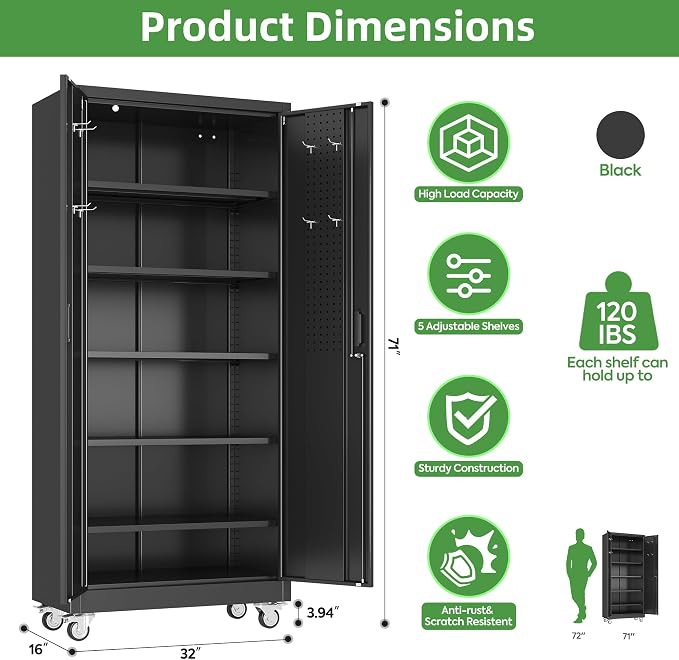 Garage Storage Cabinet with Wheels and Pegboard, Assembly Required - Image 3