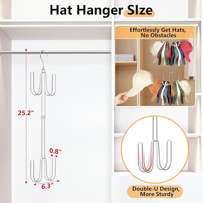 Hat Hangers for Closet, 1 Pack Stainless Steel Hat Organizer, Hat Racks for - Image 3