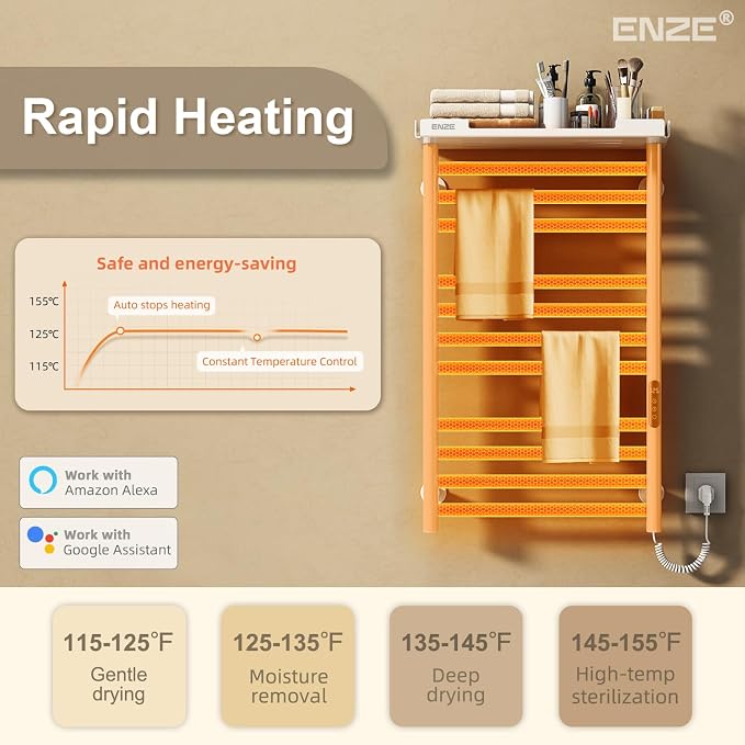 ENZE Smart Heated Towel Rack, 11-Bar Wall-Mounted Electric Towel Warmer - Image 6