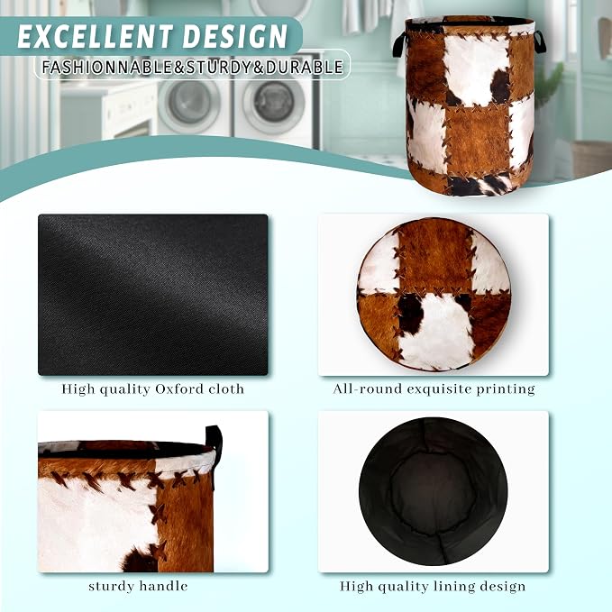 Retro Cows Print Laundry Basket Cow Cowhide Brown Funny Laundry Hamper Foldable - Image 5
