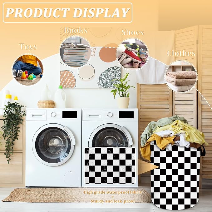 Black and White Checkered Laundry Basket, Checkerboard Laundry Hamper Foldable - Image 4
